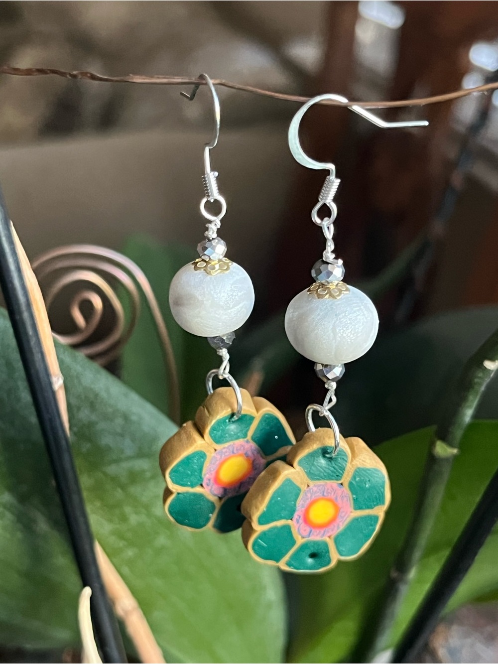 Handmade Polymer Clay Green Flower Dangle Earrings with White Polymer Clay Beads